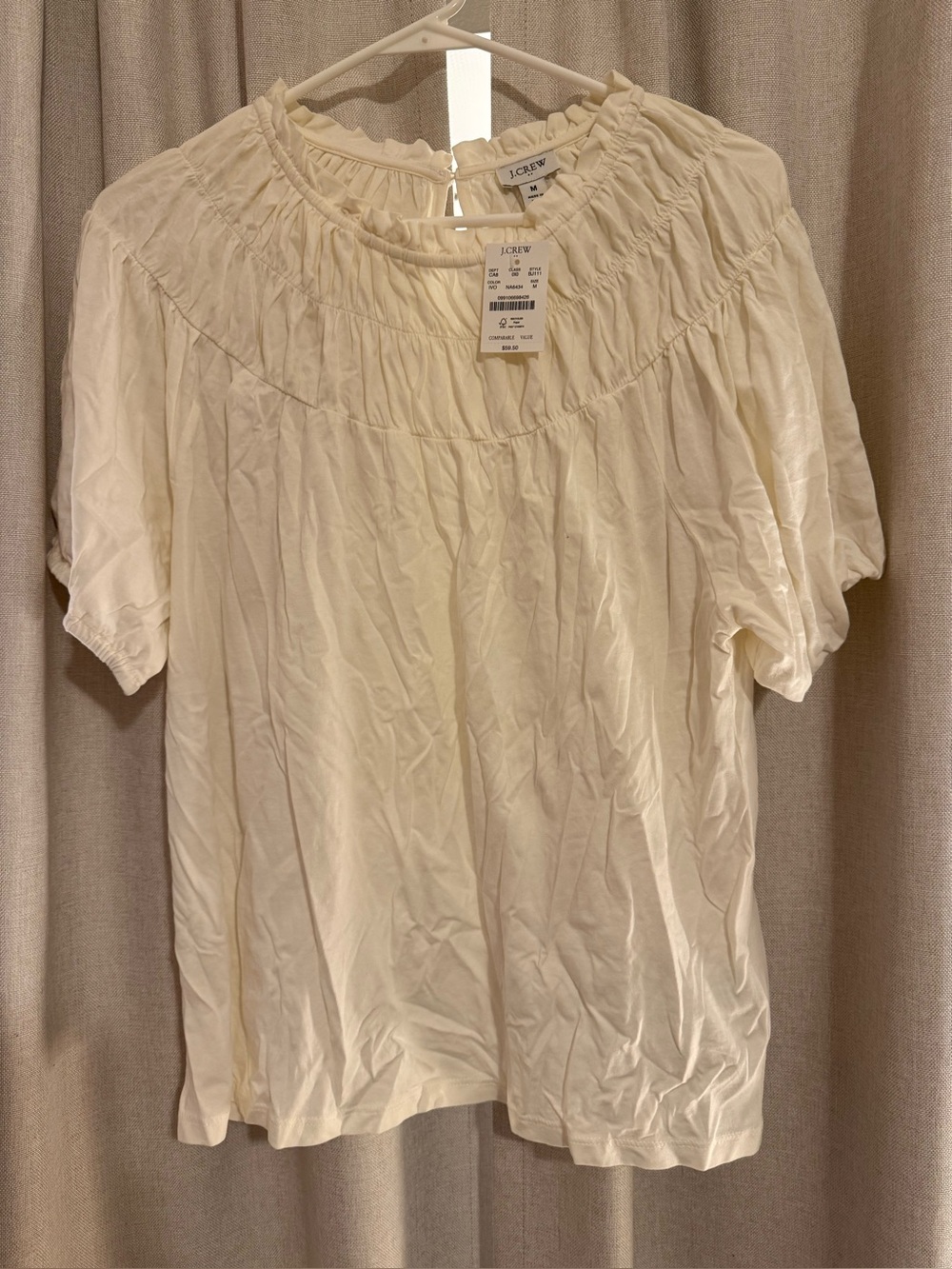 J. Crew Factory Cream Smocked Yoke Short Sleeve Knit Top M New